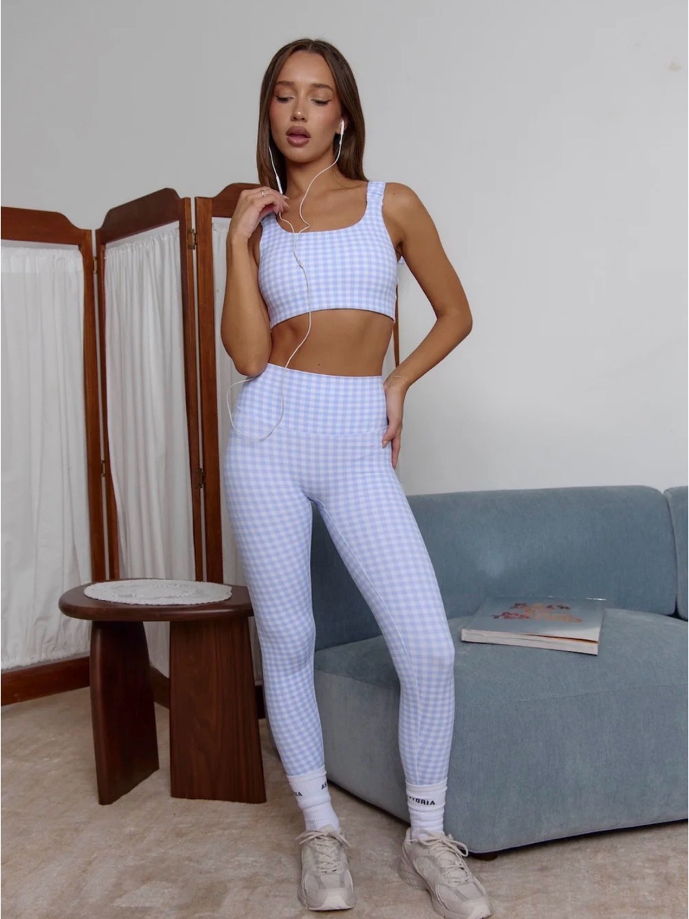 NWOT Astoria Activewear- Luxe Balance -Light Blue Gingham Leggings & Crop Set